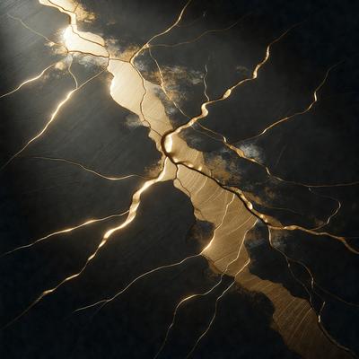 The primary subject of the image is a large crack in a wall, with a golden glow illuminating the area. The setting is a dark room, and the visual style appears to be a combination of a photo and digital art. The dominant colors are gold and black, creating a dramatic and moody atmosphere.